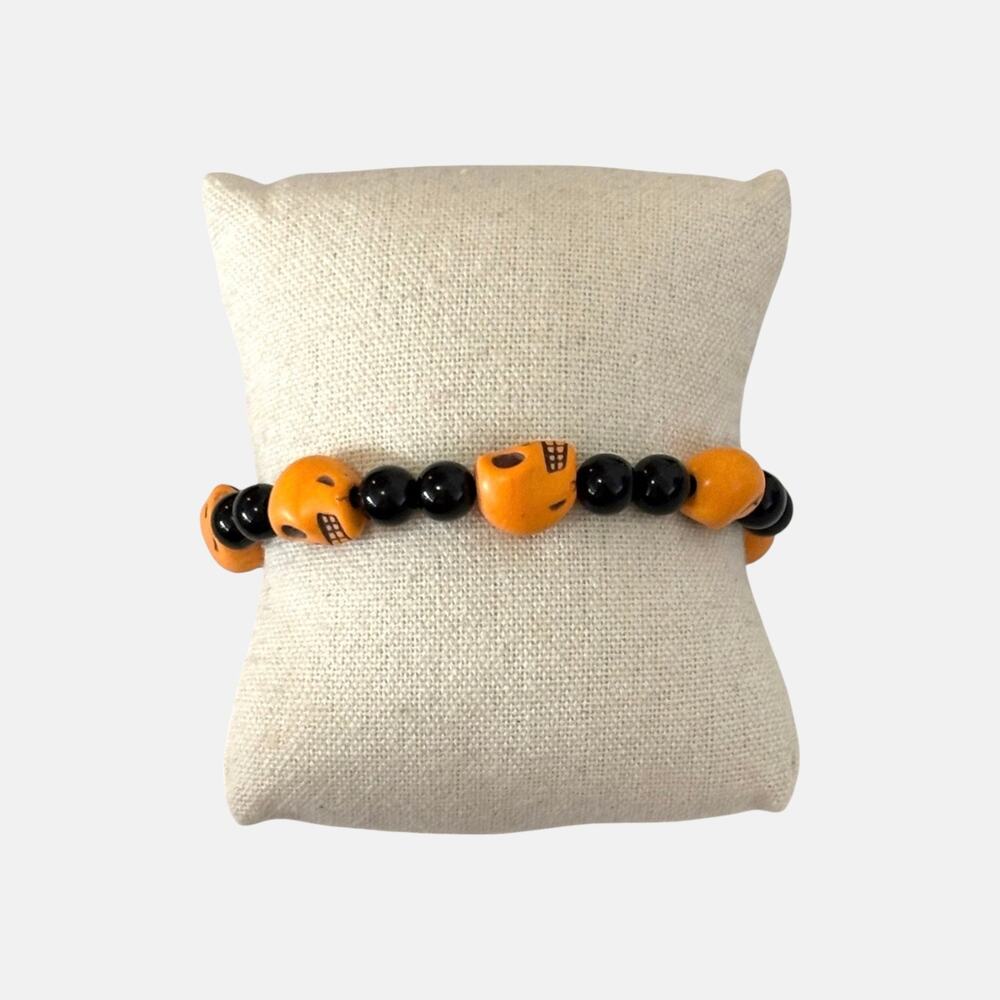 Orange Skull Beaded Stretch Bracelet